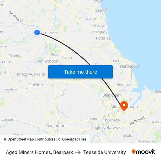 Aged Miners Homes, Bearpark to Teesside University map