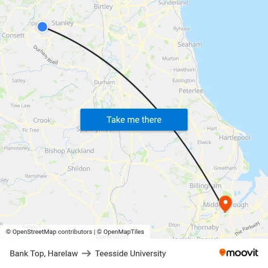 Bank Top, Harelaw to Teesside University map