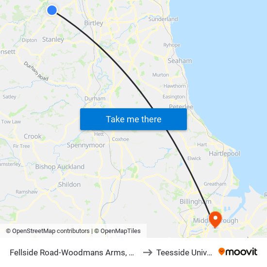 Fellside Road-Woodmans Arms, Whickham to Teesside University map