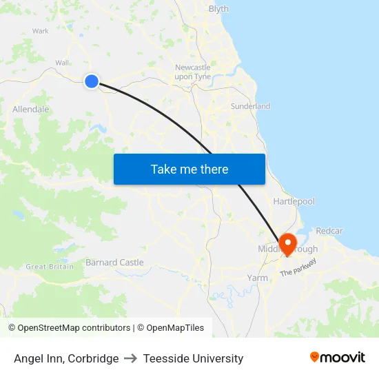 Angel Inn, Corbridge to Teesside University map