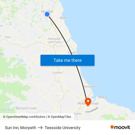 Sun Inn, Morpeth to Teesside University map