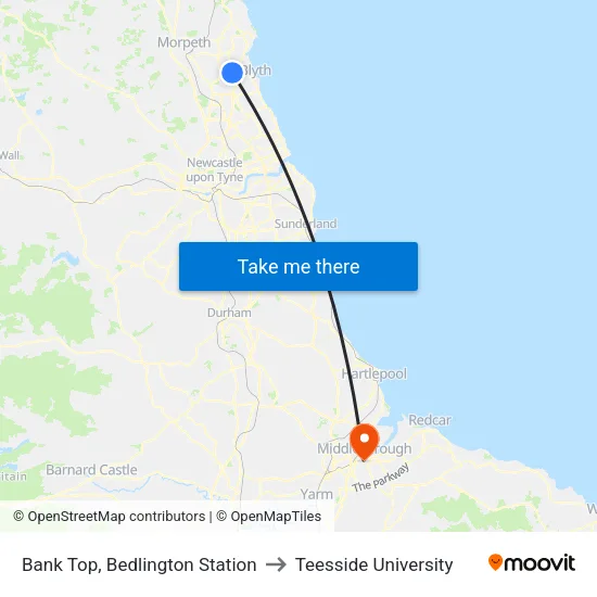 Bank Top, Bedlington Station to Teesside University map