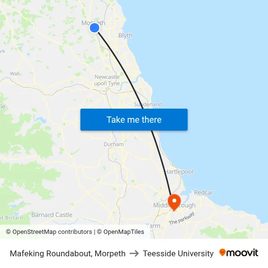 Mafeking Roundabout, Morpeth to Teesside University map
