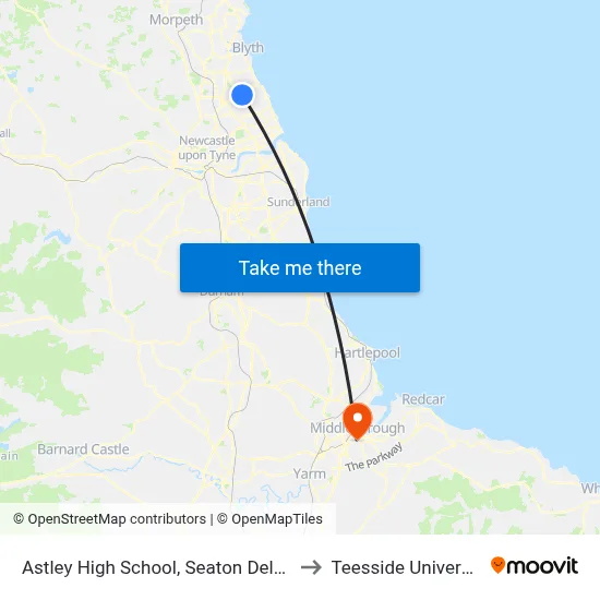 Astley High School, Seaton Delaval to Teesside University map