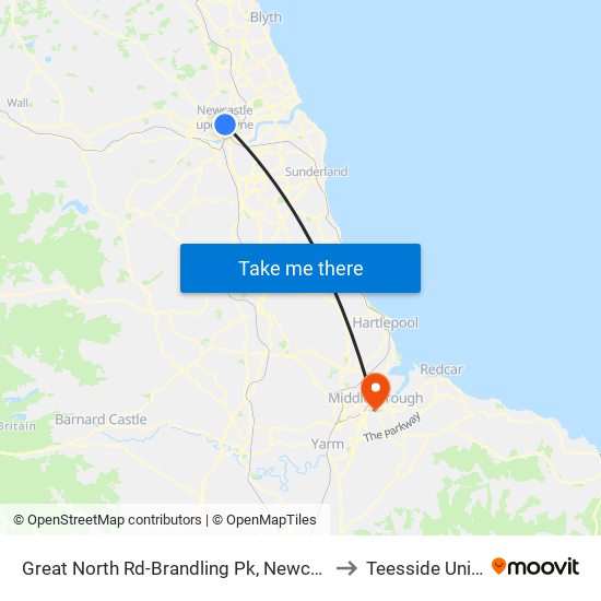 Great North Rd-Brandling Pk, Newcastle upon Tyne to Teesside University map