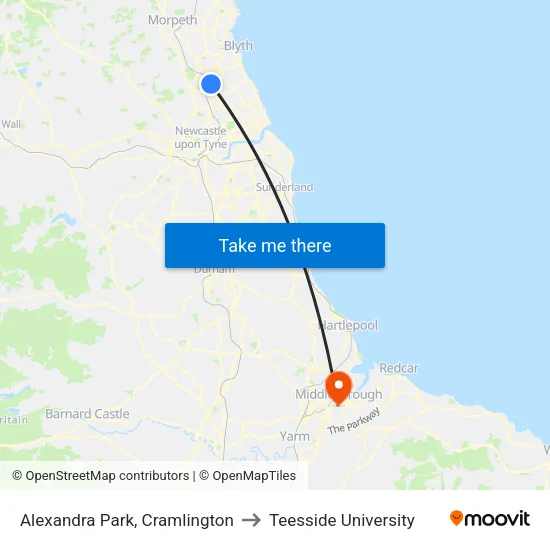 Alexandra Park, Cramlington to Teesside University map