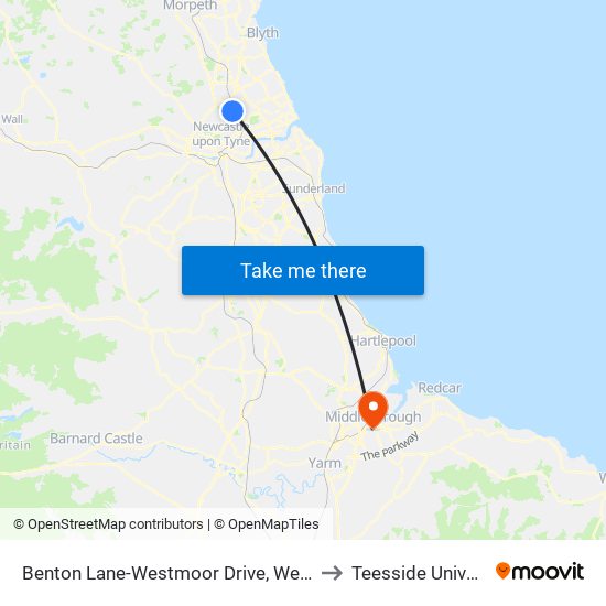 Benton Lane-Westmoor Drive, West Moor to Teesside University map