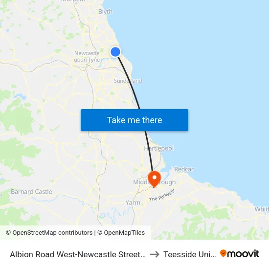 Albion Road West-Newcastle Street, North Shields to Teesside University map