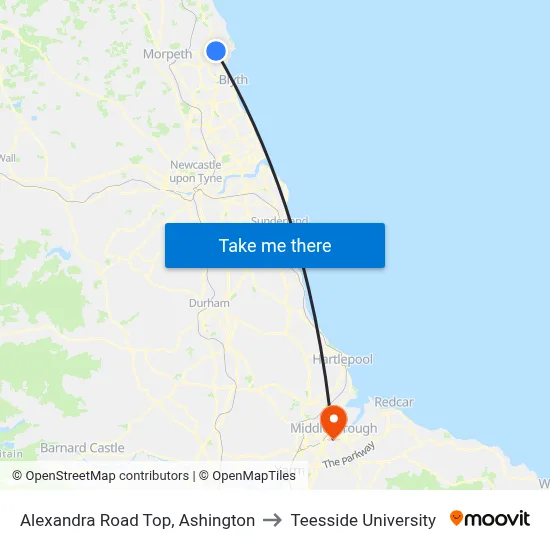 Alexandra Road Top, Ashington to Teesside University map