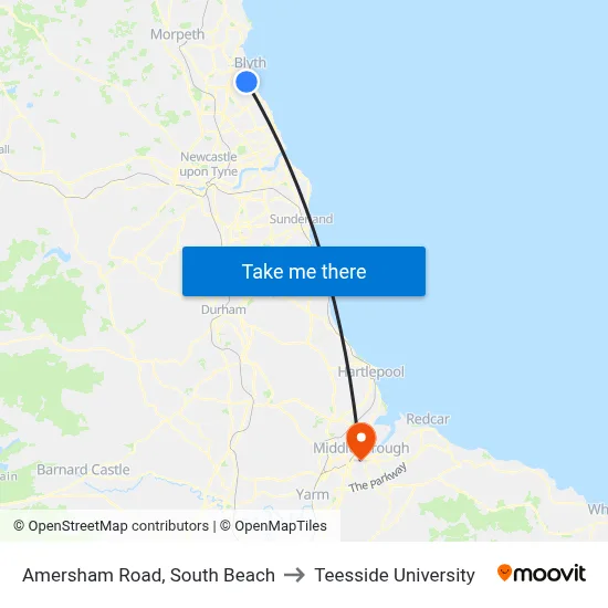 Amersham Road, South Beach to Teesside University map