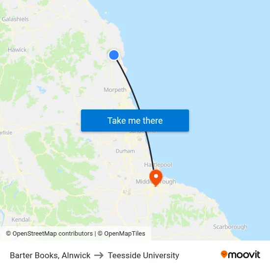 Barter Books, Alnwick to Teesside University map