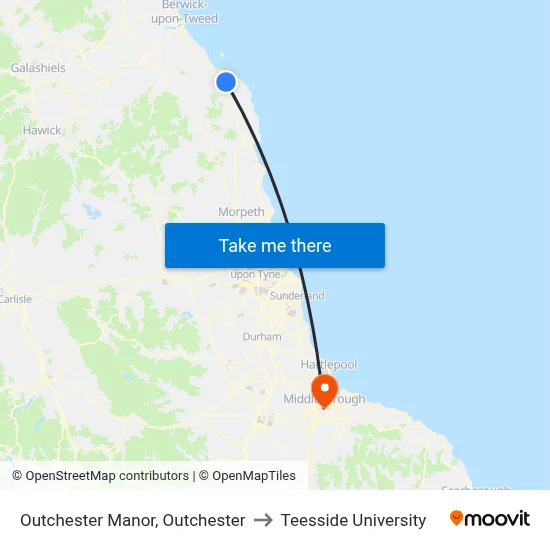 Outchester Manor, Outchester to Teesside University map