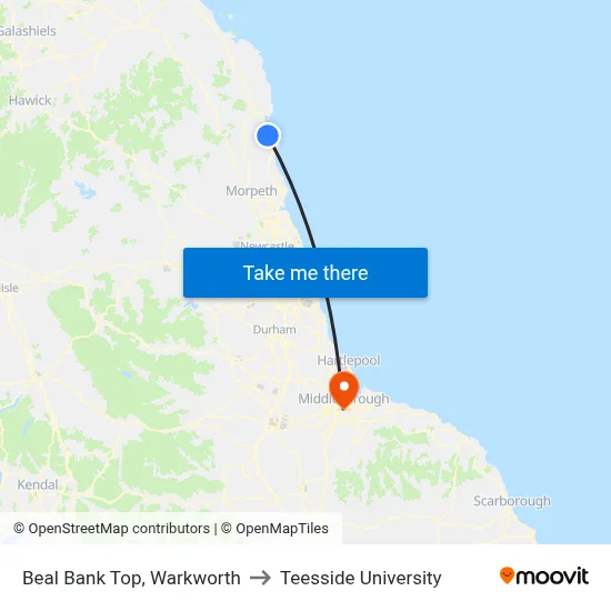 Beal Bank Top, Warkworth to Teesside University map