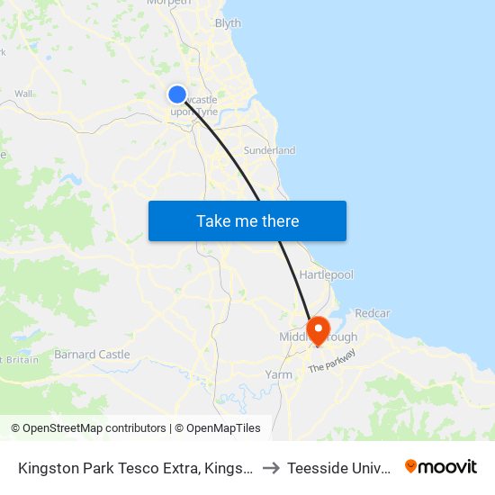 Kingston Park Tesco Extra, Kingston Park to Teesside University map