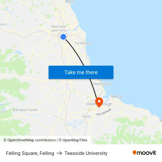 Felling Square, Felling to Teesside University map