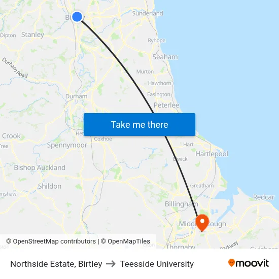 Northside Estate, Birtley to Teesside University map