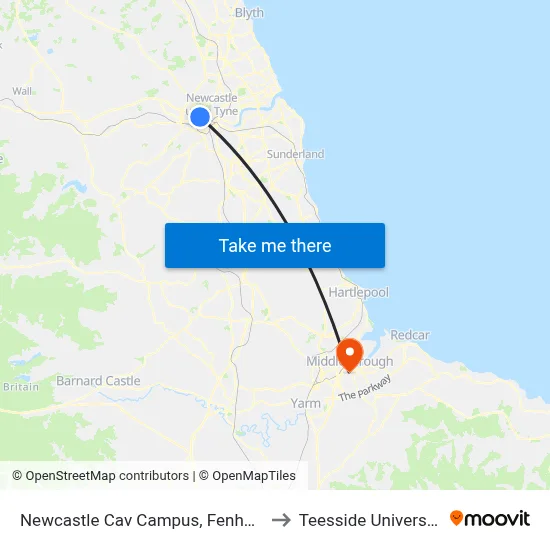 Newcastle Cav Campus, Fenham to Teesside University map