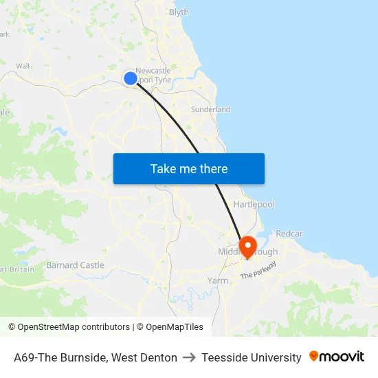 A69-The Burnside, West Denton to Teesside University map