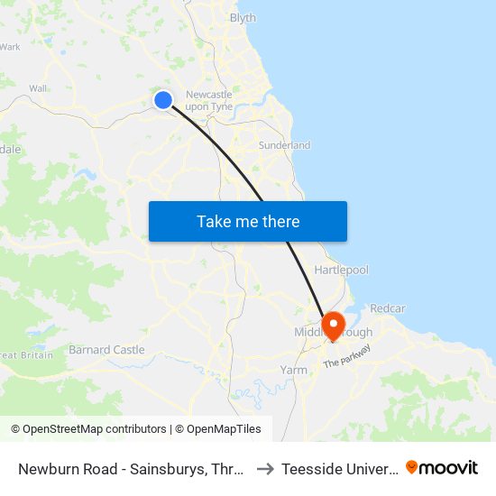 Newburn Road - Sainsburys, Throckley to Teesside University map