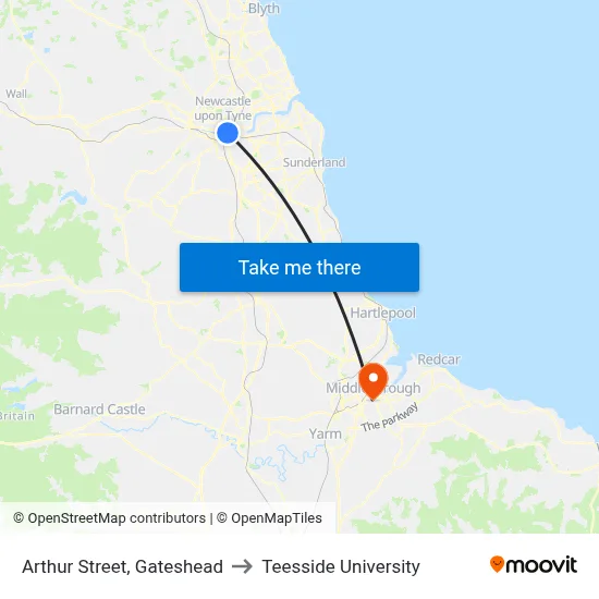 Arthur Street, Gateshead to Teesside University map