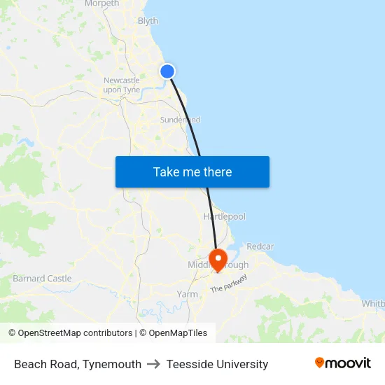 Beach Road, Tynemouth to Teesside University map
