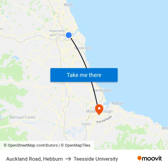 Auckland Road, Hebburn to Teesside University map