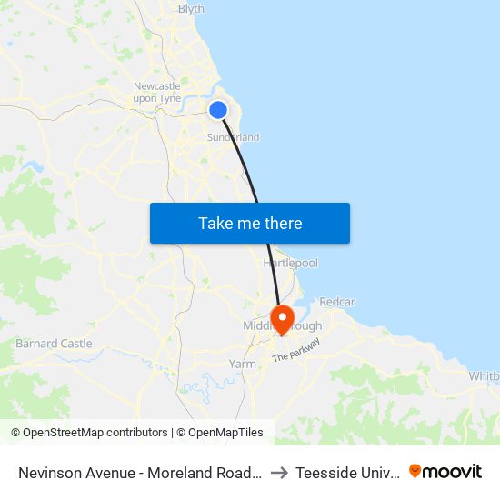 Nevinson Avenue - Moreland Road, Whiteleas to Teesside University map