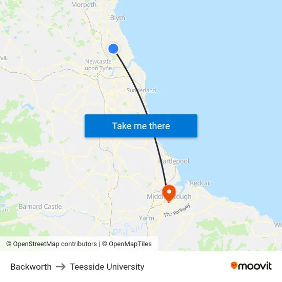 Backworth to Teesside University map