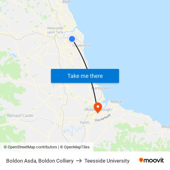 Boldon Asda, Boldon Colliery to Teesside University map