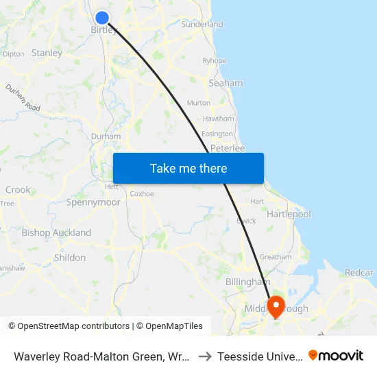 Waverley Road-Malton Green, Wrekenton to Teesside University map