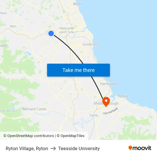Ryton Village, Ryton to Teesside University map