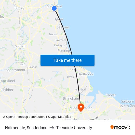 Holmeside, Sunderland to Teesside University map