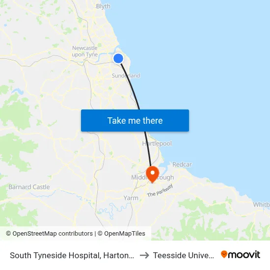 South Tyneside Hospital, Harton Moor to Teesside University map