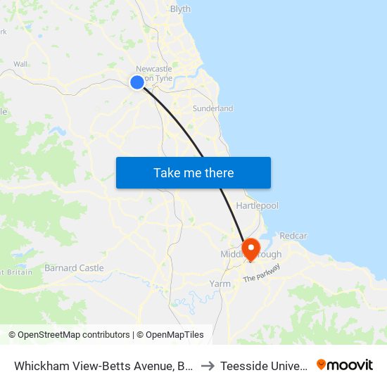 Whickham View-Betts Avenue, Benwell to Teesside University map