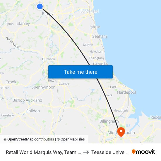 Retail World Marquis Way, Team Valley to Teesside University map