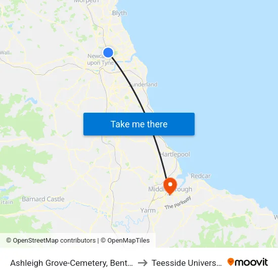Ashleigh Grove-Cemetery, Benton to Teesside University map