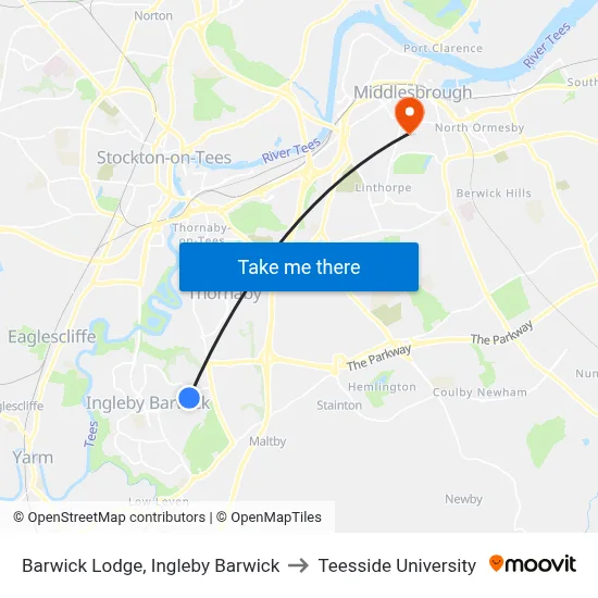Barwick Lodge, Ingleby Barwick to Teesside University map