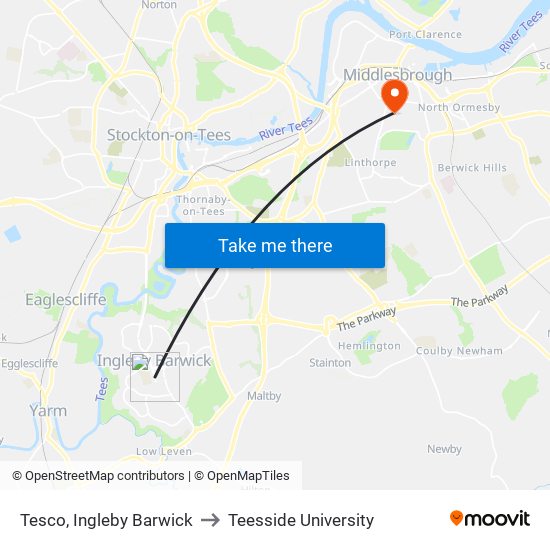 Tesco, Ingleby Barwick to Teesside University map