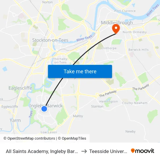 All Saints Academy, Ingleby Barwick to Teesside University map