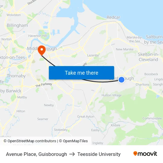 Avenue Place, Guisborough to Teesside University map