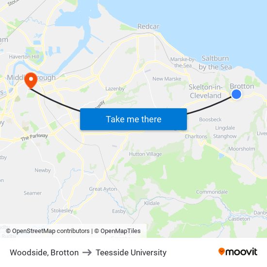 Woodside, Brotton to Teesside University map
