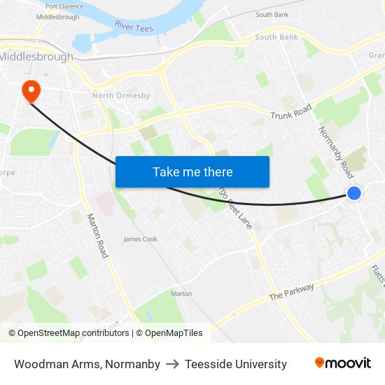 Woodman Arms, Normanby to Teesside University map