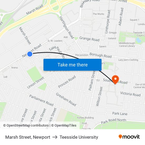 Marsh Street, Newport to Teesside University map