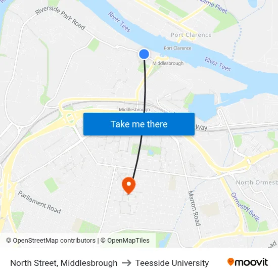 North Street, Middlesbrough to Teesside University map