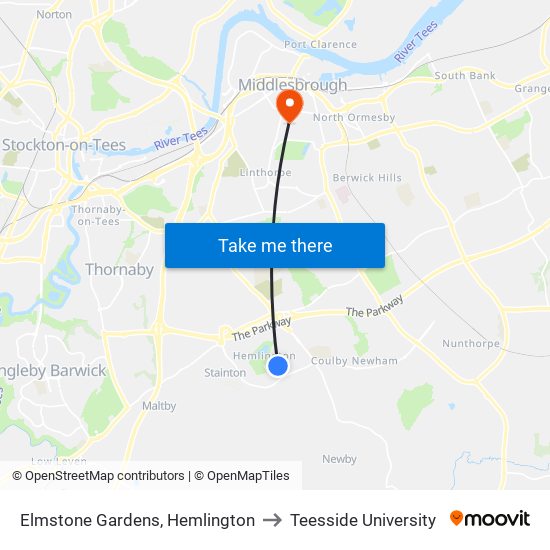 Elmstone Gardens, Hemlington to Teesside University map