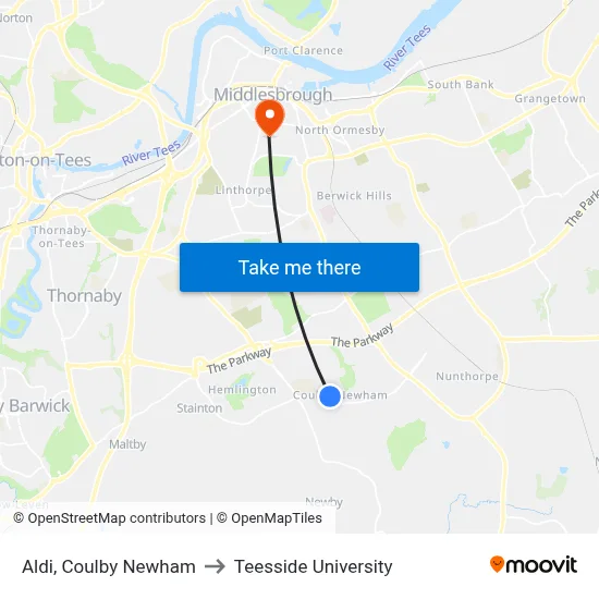 Aldi, Coulby Newham to Teesside University map