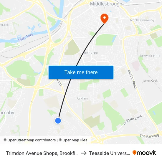 Trimdon Avenue Shops, Brookfield to Teesside University map