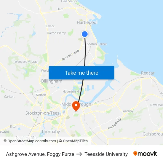 Ashgrove Avenue, Foggy Furze to Teesside University map