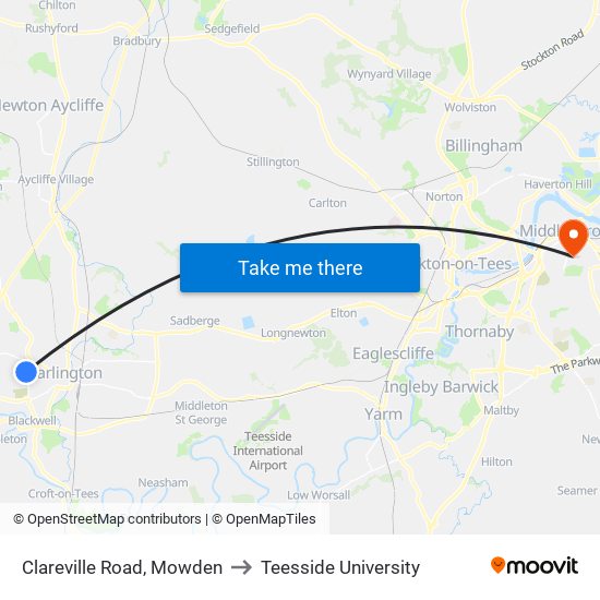 Clareville Road, Mowden to Teesside University map