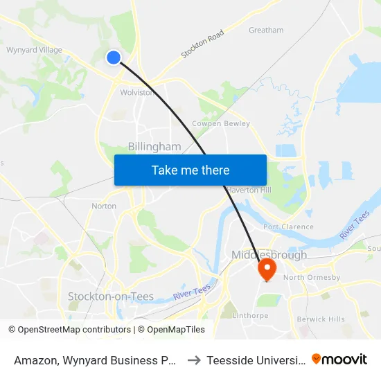 Amazon, Wynyard Business Park to Teesside University map